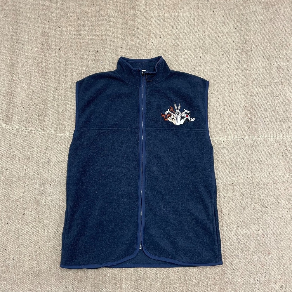 Vintage looney Tunes vest mens large blue 1990s‎ Bugs Bunny full zip mock enck